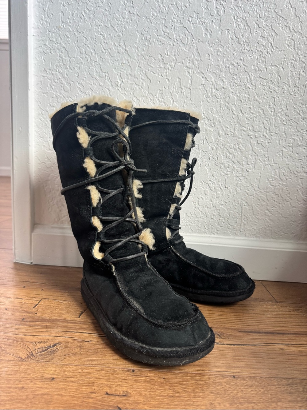 UGG Black Suede Lace-Up Tall Winter Boots with Cream Shearling